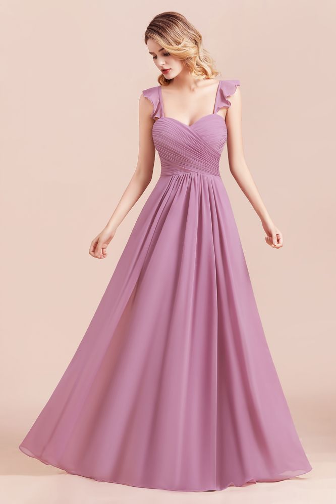 Sweetheart Straps Wrinkkes Chiffon Long Bridesmaid Dress Sleeveless Party Dress