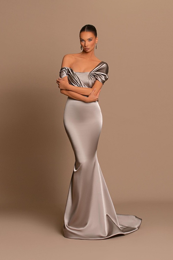 Grey Asymmetric Floor Length Mermaid Satin Prom Dress with Ruffles