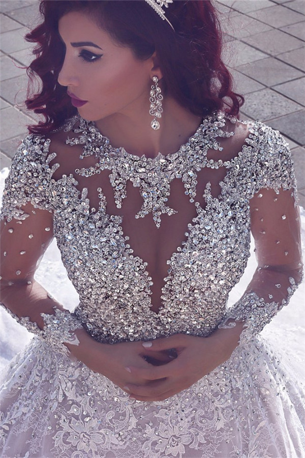 Vintage Luxury Muslim Crystal Beading Cathedral-Train Sheer Lace Wedding Dress