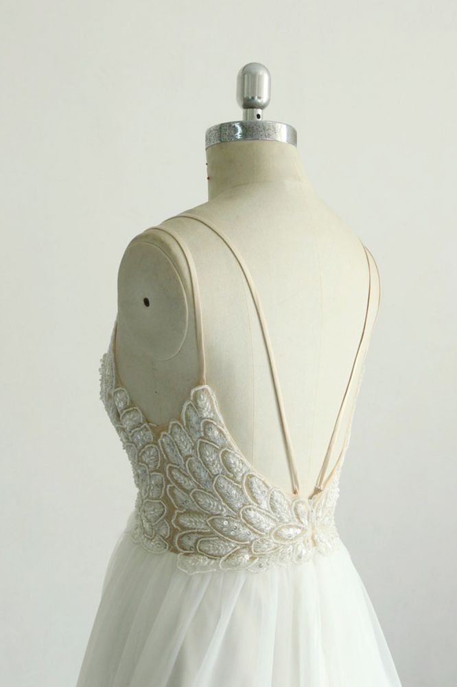 V-neck Lace White Floor length Simple Wedding Dresses