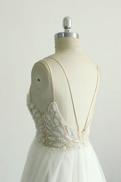 V-neck Lace White Floor length Simple Wedding Dresses