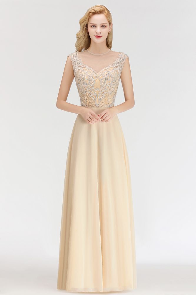 Elegant Champagne Sleeveless A-Line Crystal Jewel Bridesmaid Dresses