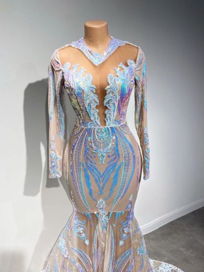 Sparkle sequined white mermaid long sleeves prom dress