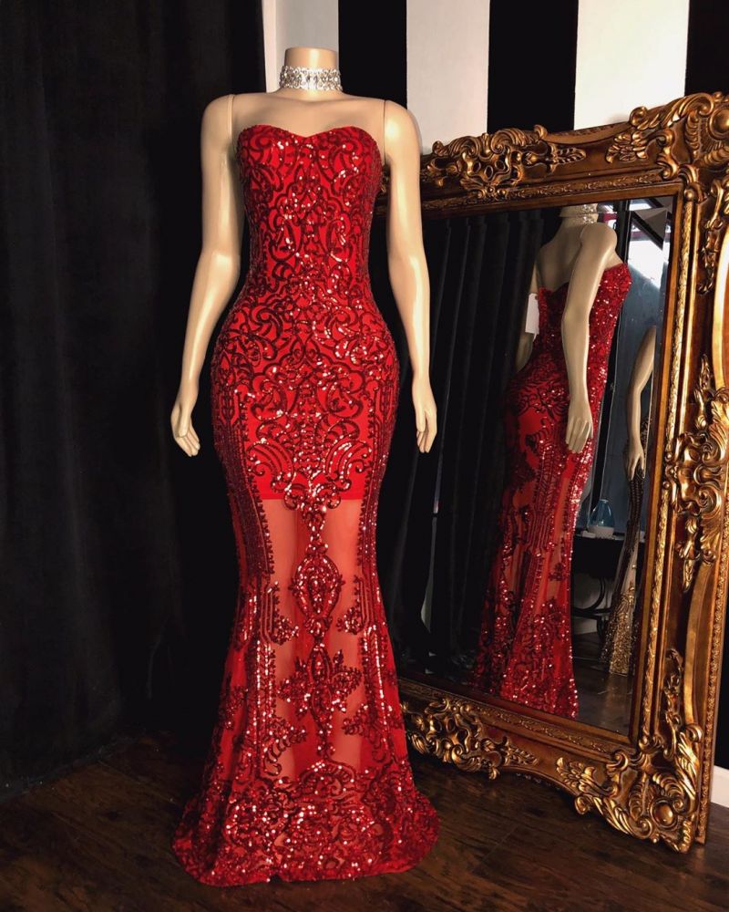 Sweetheart Strapless Sequins Pattern Long Mermaid Prom Gowns