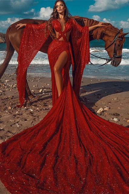 Sparkle Red Extreme Long Train Sexy Criss-cross Long sleeves Prom Dress