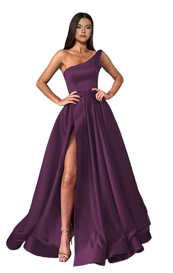 One shoulder Burgundy High Split A-line Ball Gown Prom Dresses