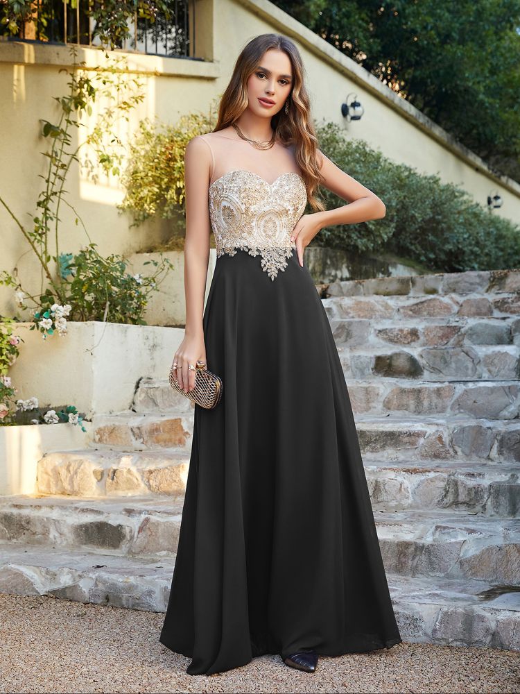 Sleeveless Lace Appliques Long Prom Dresses Chiffon Evening Party Gown