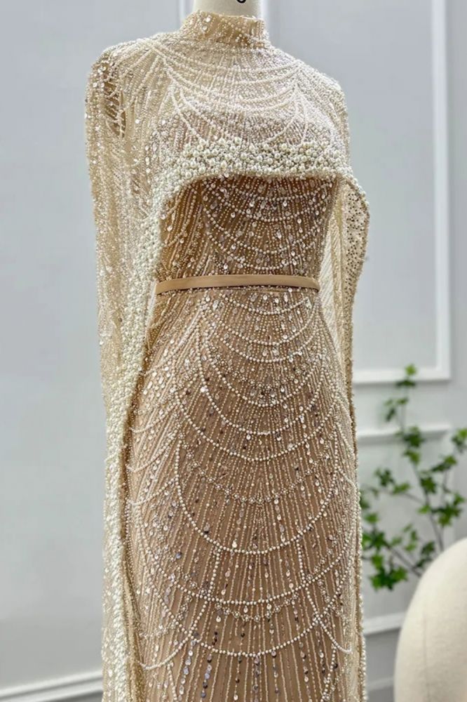 Luxury Pearls Dubai Mermaid Evening Dress with Cape Sleeves Seequined Floor Length Party Dress