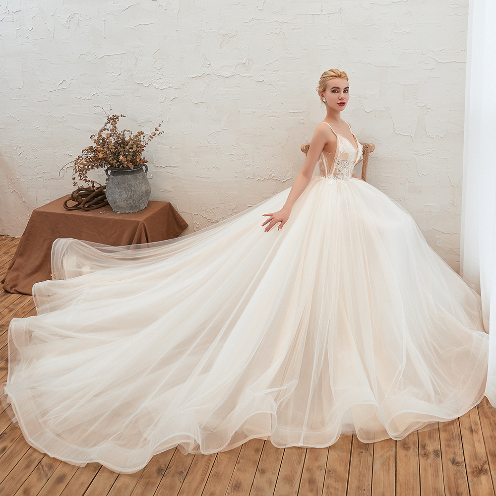 Boho Spaghetti Straps Ivory Ball Gown Wedding Dress | Romantic Bridal Gowns for Sale