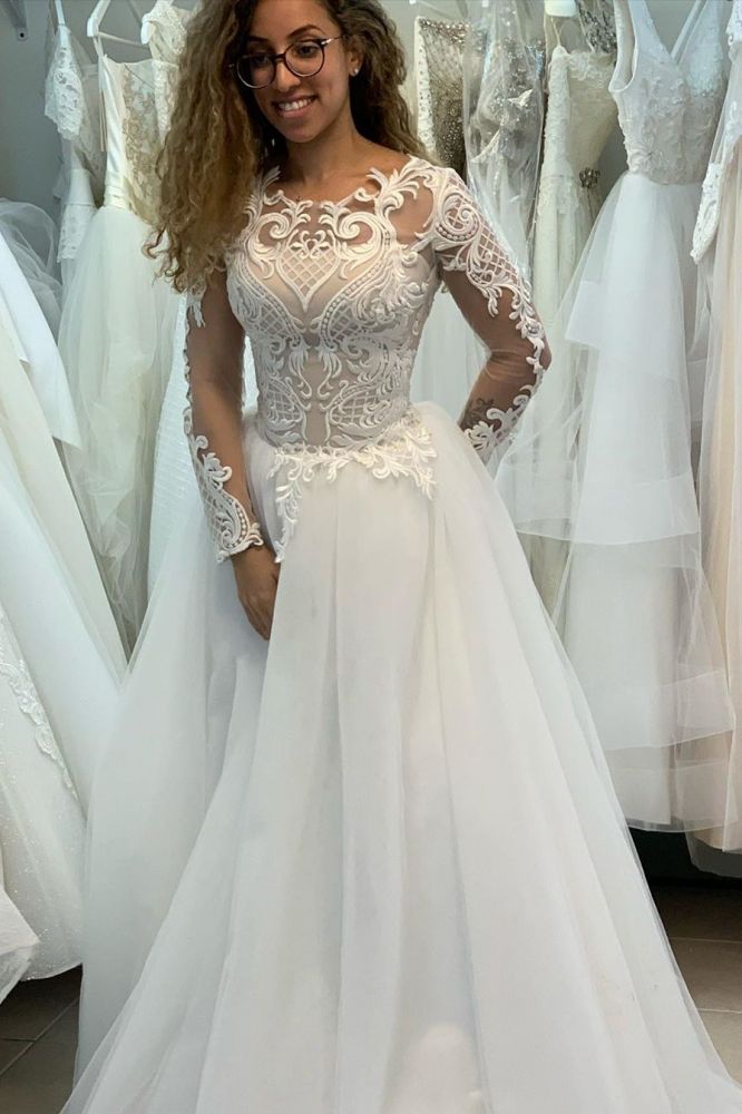 Long sleeves Illusion neck A-line Long sleeves Lace Princess Wedding Dress