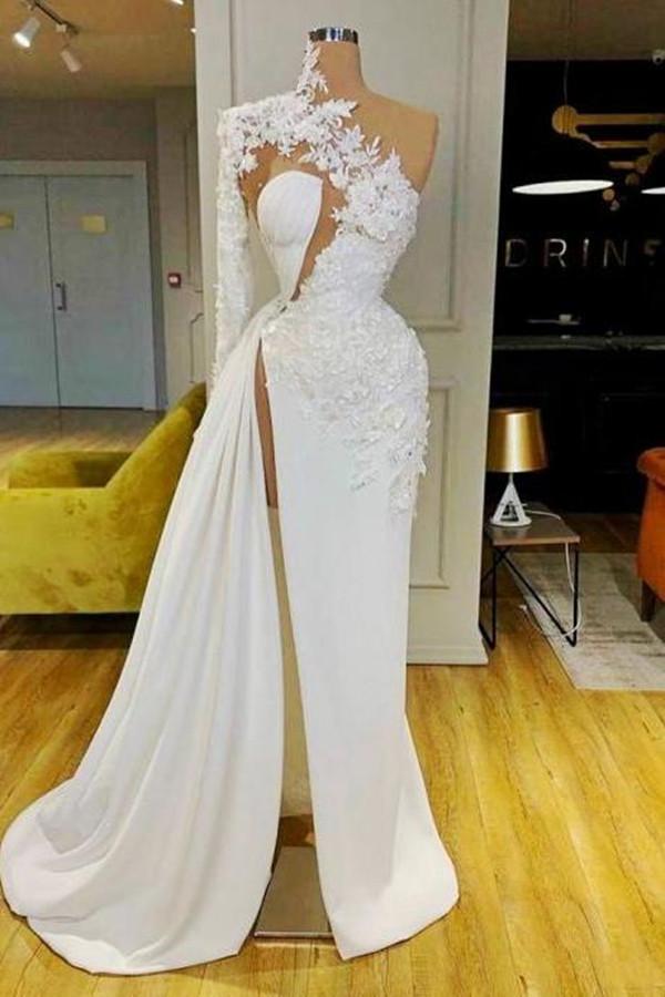 White Appliques Lace High Split One shoudler Prom Dresses