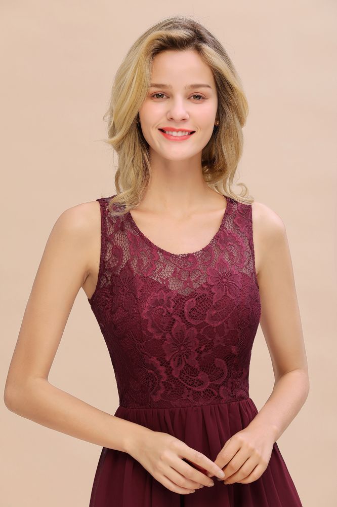 Bugundy Jewel Neck Hi-Lo Evening Dress Chiffon Lace Bridesmaid Dress