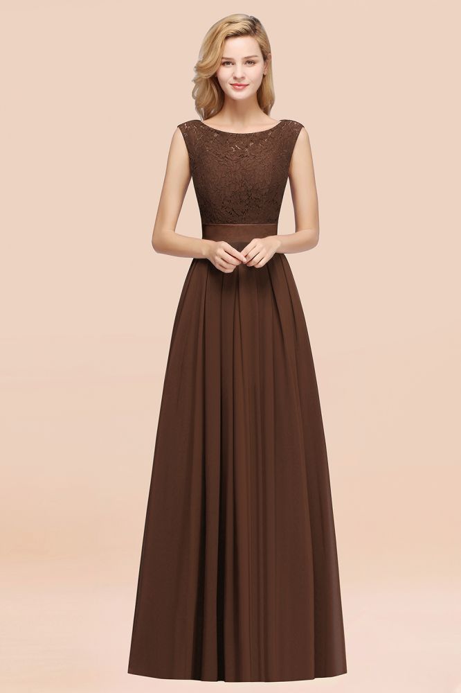 A-line Chiffon Lace Jewel Sleeveless Ruffles Floor-length Bridesmaid Dress