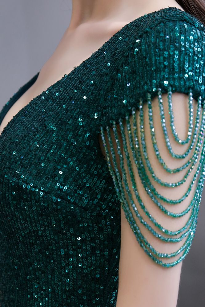Shining Sequined Emerald Green Mermaid Cap sleeve Long Prom Dress