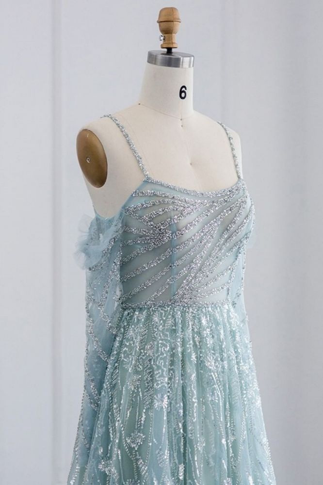 Stunning Spaghetti Straps Fur Beadings Floor-Length Evening Party Dress with Sequins