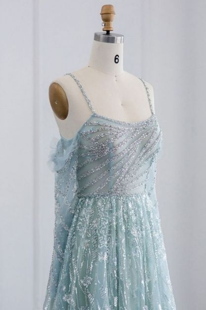 Stunning Spaghetti Straps Fur Beadings Floor-Length Evening Party Dress with Sequins