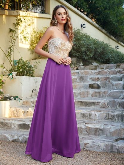 Sleeveless Lace Appliques Long Prom Dresses Chiffon Evening Party Gown