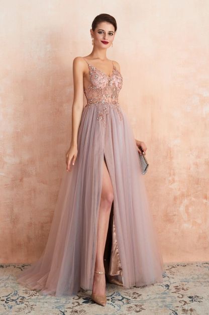 Charlotte | New Arrival Dusty Blue, Pink Spaghetti Strap Prom Dress with Sexy High Split, Evening Gowns Online-Babyonlinewholesale