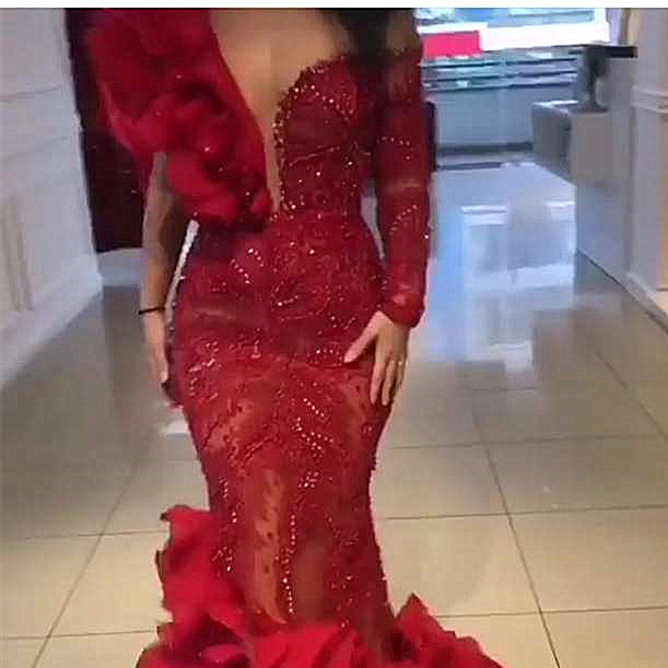 Burgundy One shoulder Mermaid Long sleeves Sexy Mermaid Evening Dress