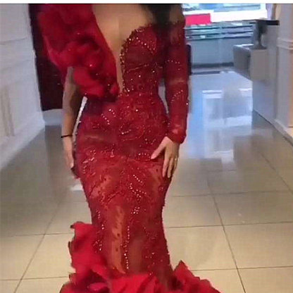 Burgundy One shoulder Mermaid Long sleeves Sexy Mermaid Evening Dress