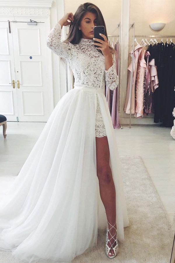 Bohemian Long sleeve 2 in 1 Summer Beach High Low Wedding Dress