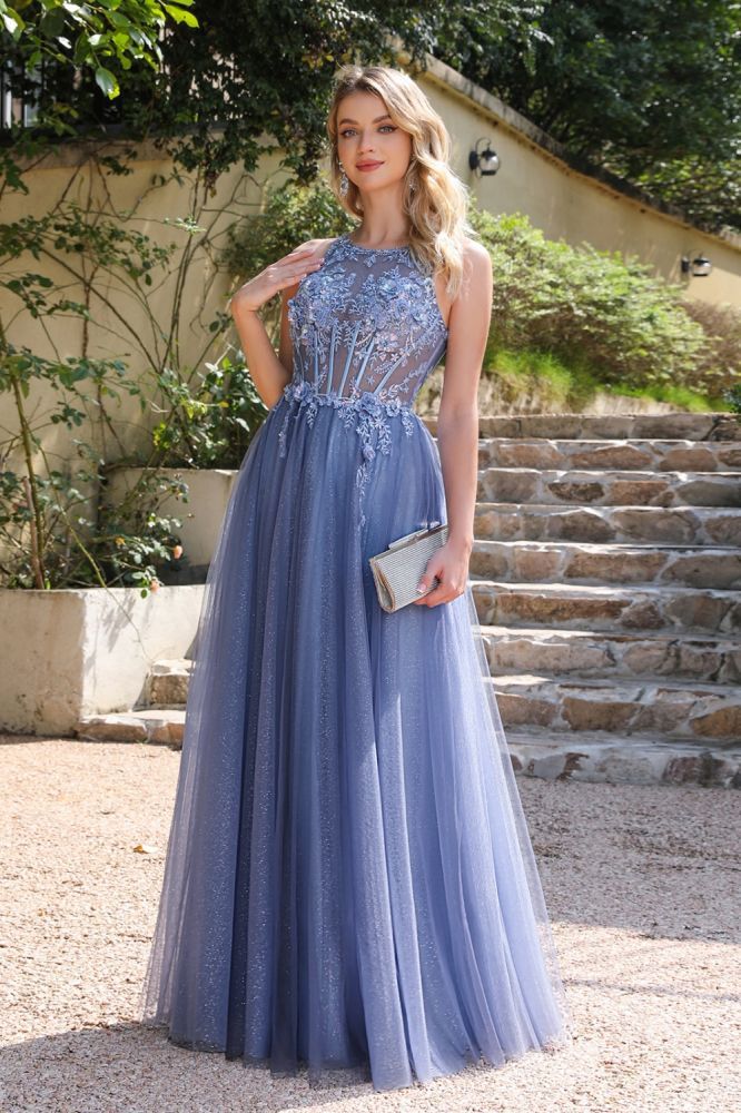 Chic Crew Neck Floor Length Prom Dress Tulle Lace Appliques A-line Evening Dress