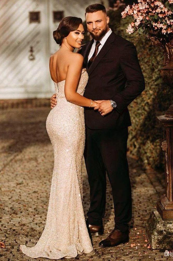 Shimmers Champagne Sequins Strapless Sleeveless Floor-length Prom Dresses with Slit