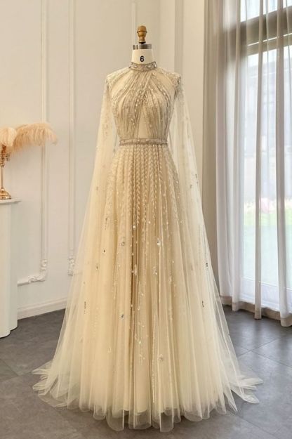 Halter Tulle Beadings Floor-Length Evening Dress with Cap Sleeves Tulle Party Dress