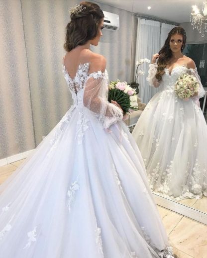 Elegant Off Shoulder Bubble Sleeves Aline Tulle Lace Wedding Dress for Women