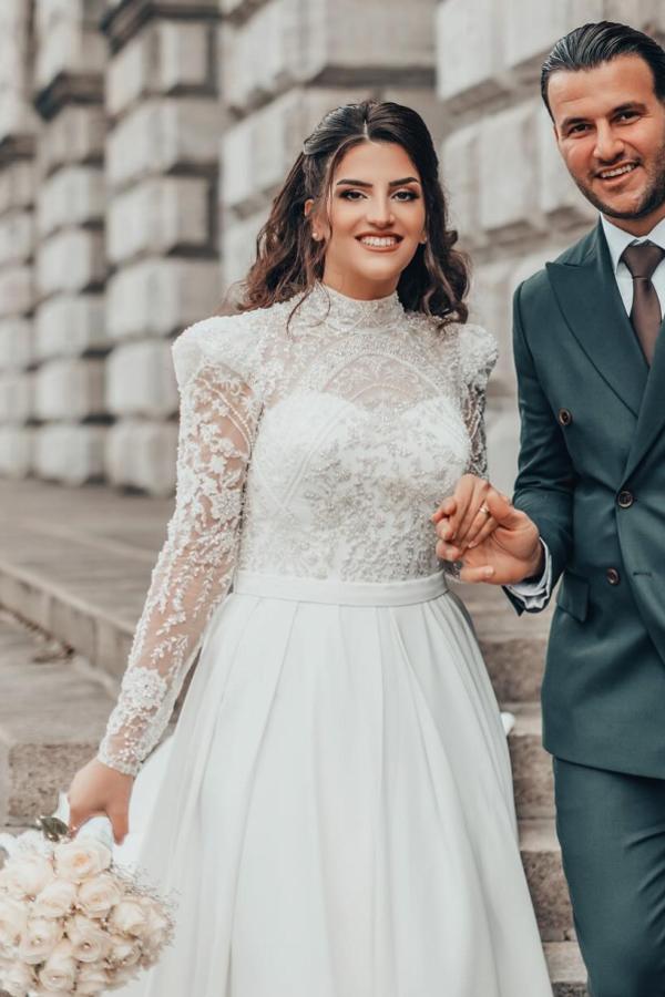 Long Lace Sleeves High neck White Princess Wedding Dresses