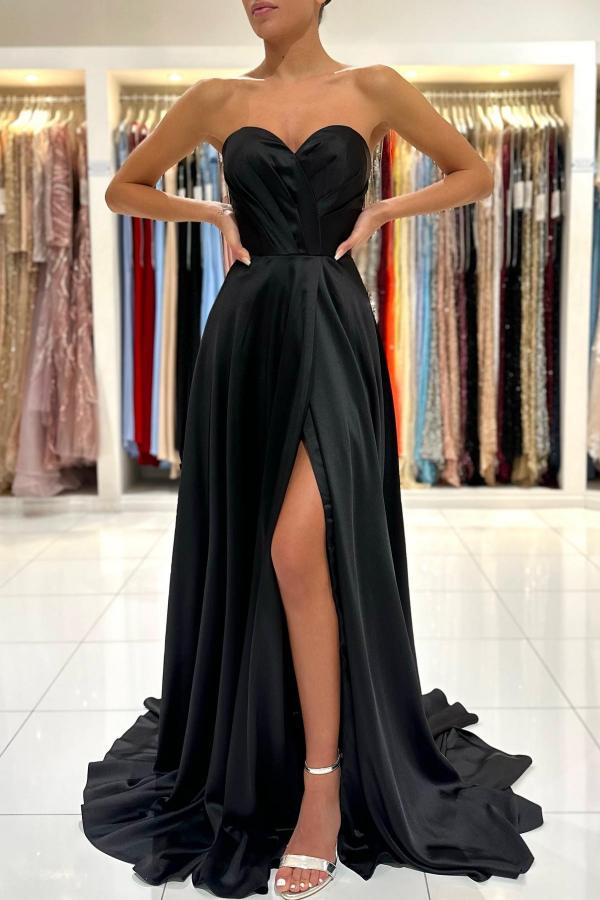 Black sweetheart high split simple evening dress