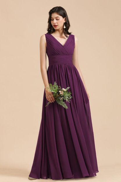 Elegant V-Neck Ruched Chiffon Bridesmaid Dress Sleeveless Long Evening Dress