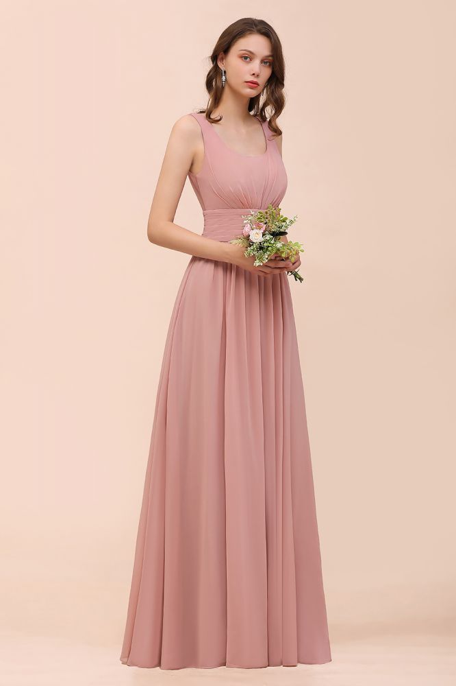 Dusty Pink Suqare Neck Aline Bridesmaid Dress Sleeveless Evening Party Dress