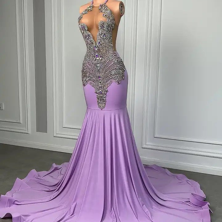 Lilac Sweetheart Satin Beaded Mermaid Prom Dresses