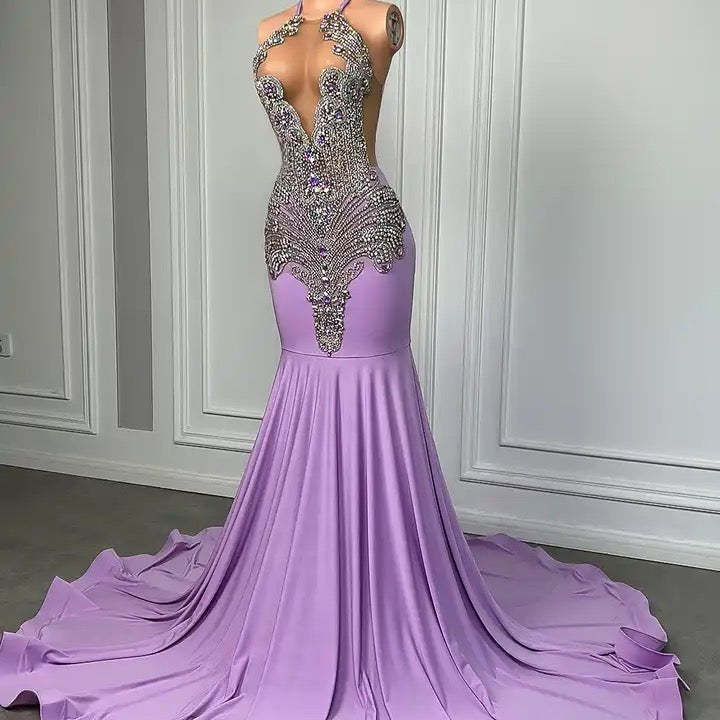 Lilac Sweetheart Satin Beaded Mermaid Prom Dresses
