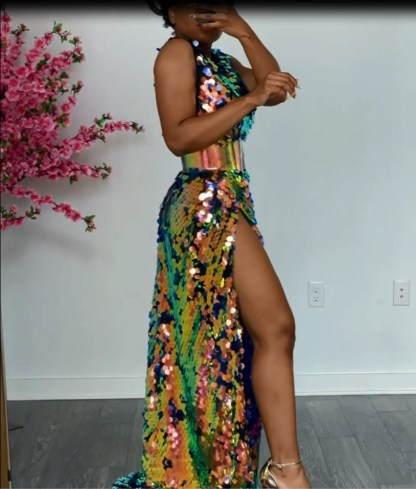 Sleeveless Sparkly Sequined Formal Party Maxi Dress V-Neck