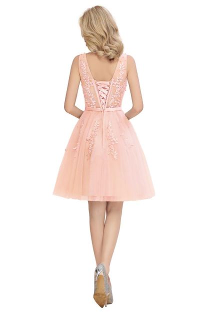 Sexy V-neck Lace-up Short Homecoming Dresses with Lace Appliques | Burgundy, Navy, Dusty pink Back to school Dress-Babyonlinewholesale