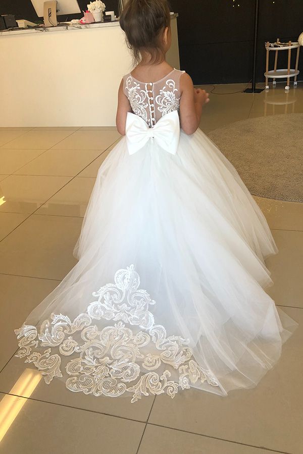 Cute White Ivory Tulle Little Girl Dress for Wedding Sleeveless Lace Appliques Flower Girl Dress