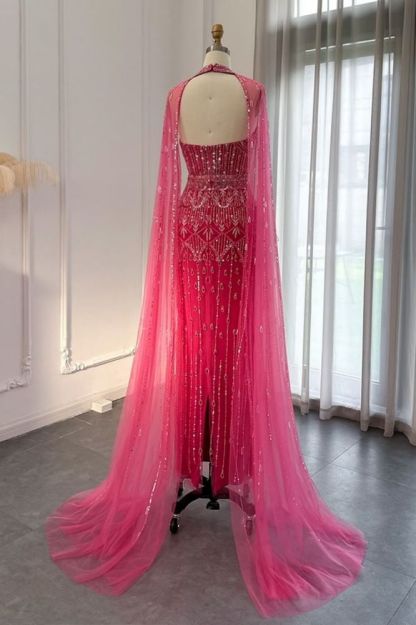 Gorgeous Halter Shiny Beading Sequins Mermaid Evening Dresses with Tulle Shawl Dubai Wedding Party Dress-Babyonlinewholesale