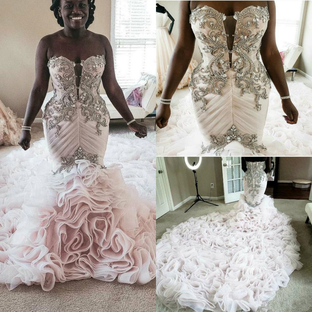 Plus Size Mermaid Crystal Lace Beads Sweetheart Long Train African Custom Made Ruffles Wedding Dresses-Babyonlinewholesale