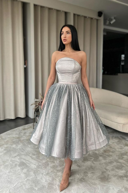 Silver Strapless Knee length A-line Prom Dresses