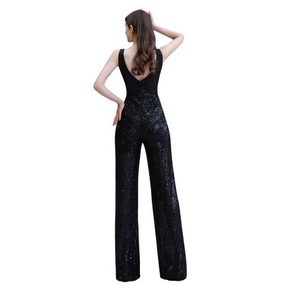 Sexy Shining V-neck Silver Sequin Sleeveless Prom Jumpsuit