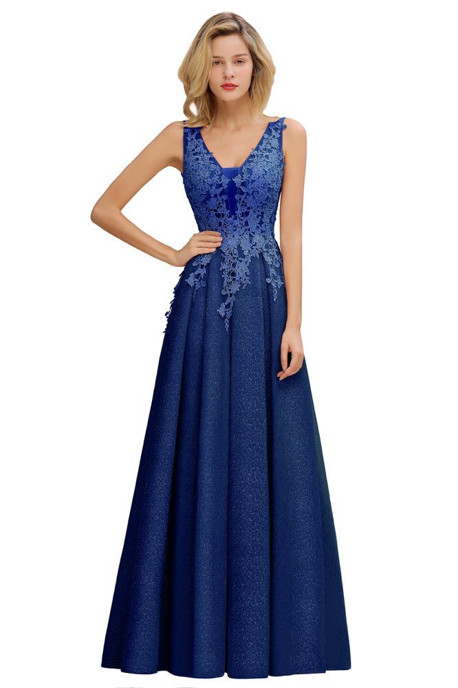 Rebacca | A-Line V-neck Floor-Length Tulle Sequined Prom Dresses