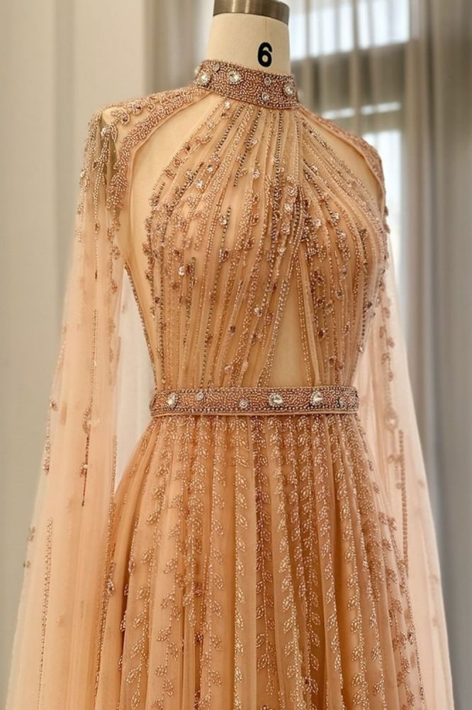 Halter Tulle Beadings Floor-Length Evening Dress with Cap Sleeves Tulle Party Dress