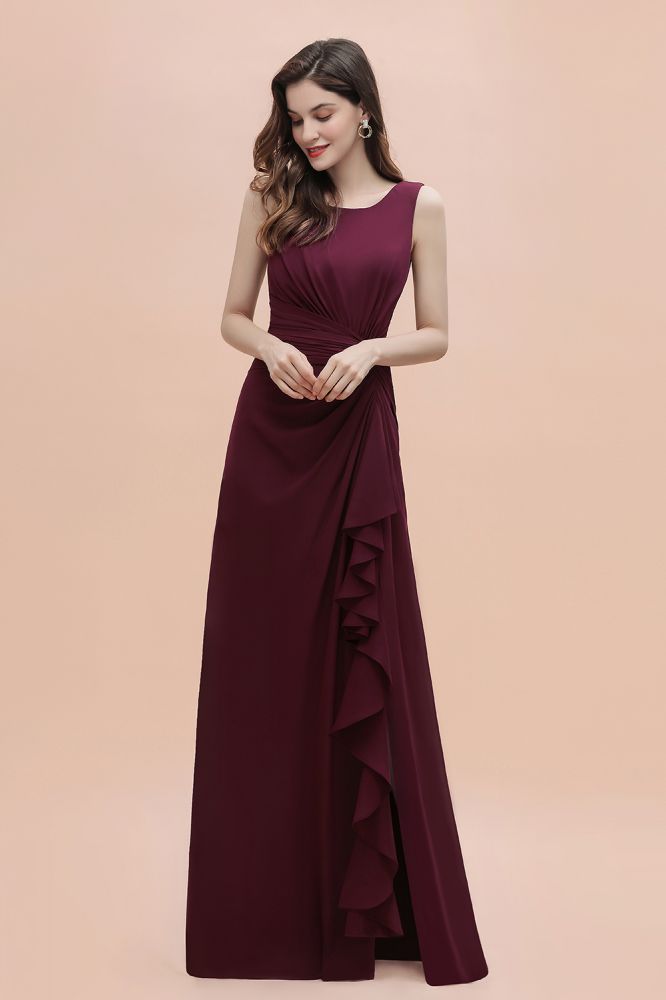 Charming Burgundy Jewel Neck Evening Dress with Side Split