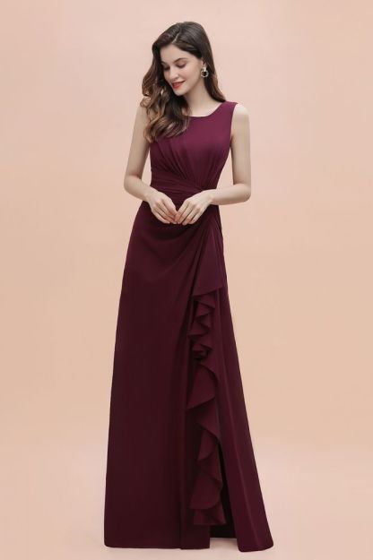 Charming Burgundy Jewel Neck Evening Dress with Side Split