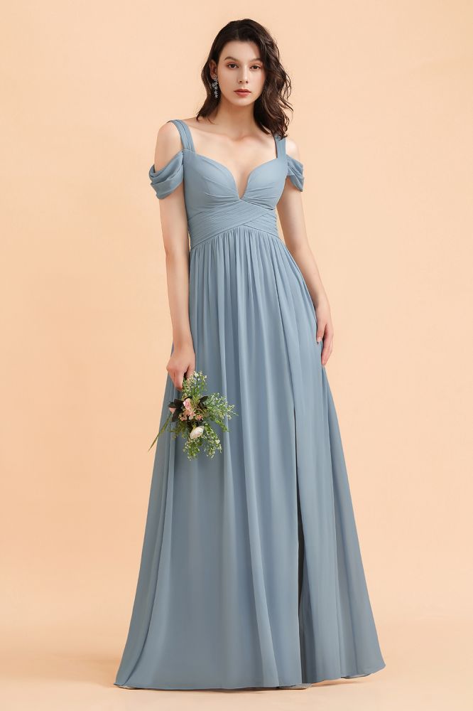 Grey Blue Off Shoulder Chiffon Bridesmaid Dress with Side Slit Straps Wedding Party Dress