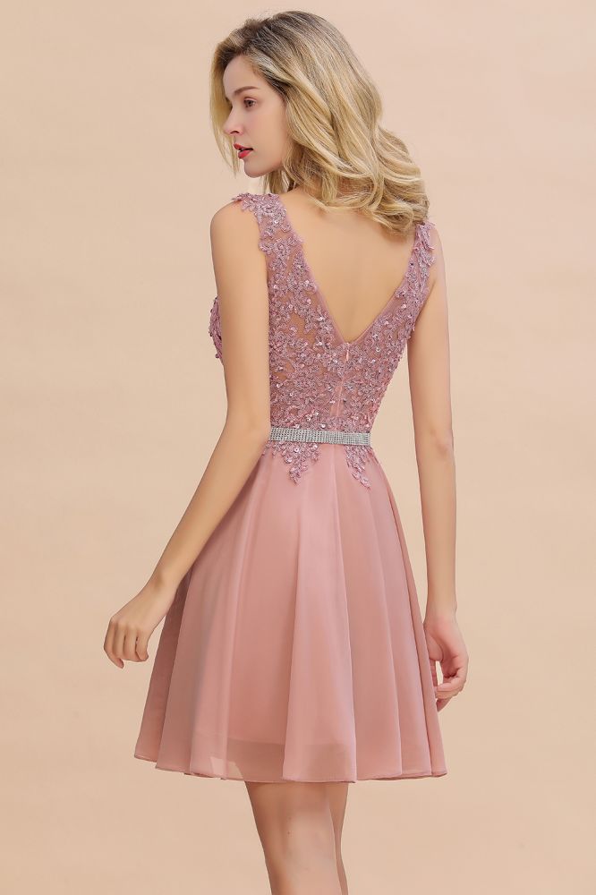 Cute Deep V-neck Short Sexy Sleeveless V-back Dusty Pink Knee length Womens Dress for Cocktail Party