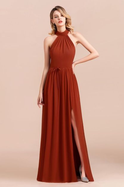Halter Chiffon Bridesmaid Dress Sleeveless Formal Dress with Side Slit