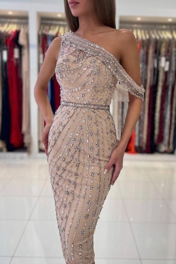 Sparkle beaded one shoulder asymmetric knee length prom dress
